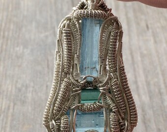 Wire Wrapped Pendant, Aquamarine and Tourmaline Pendant, Wire Wrapped Aquamarine, Tourmaline Wrap, Heady Crystal Pendant, Crystal Wrap