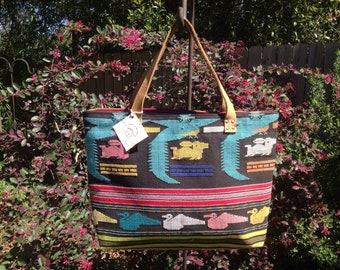 Vintage Fabric Tote Handbag Leather Straps
