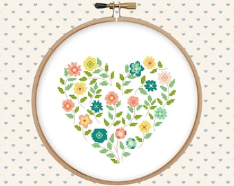 Flower heart cross stitch pattern pdf - pillow embroidered - instant download - modern cross stitch - floral cross stitch