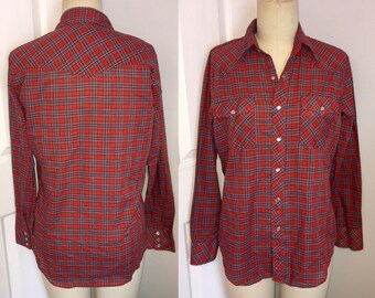 Western Shirt Christmas Plaid Snap Front Mens Medium M red blue green long sleeve 70s 1970s 80s 1980s