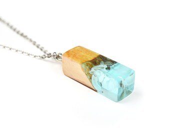 Aurora Borealise Gometric Boho Necklace, Blue resin Necklace with Burl Wood Nature Necklace, Wood Resin Pendant Mothers Day Gift for her