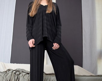 Women pajamas,Pajamas set, Black pajamas, Pants and top, Plus size pajamas, Loose fit pajamas, Long pants,Long sleeves top set,sleepwear 020