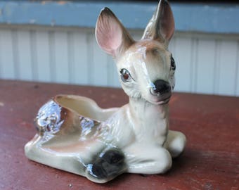 Spotted Fawn Planter. Deer Figural Plant Pot. 1960s Retro Home Decor. Kitschy Woodland Organizer