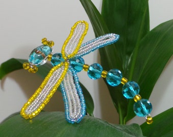 French Beaded Aqua & Yellow Dragonfly Plant Stick