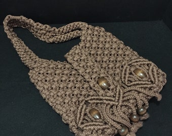 Cocoa Macrame Knotted Purse with Wood Beads - #105