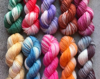 Hand Dyed Sock Yarn Mini Skein Set #159 -- 10 Mini Skeins/25 Yards Each