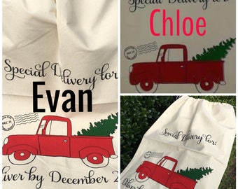 Personalized Santa Sack - Red Truck Bag - Canvas Christmas Sack - Santa Bag - Santa Sack - Christmas Wrapping