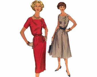 1950s Simplicity 2584, Sheath Dress or Dress w/Flared Skirt, Size 18 Bust 38, Square Neckline, Button Front, Sleeveless or Short Sleeves