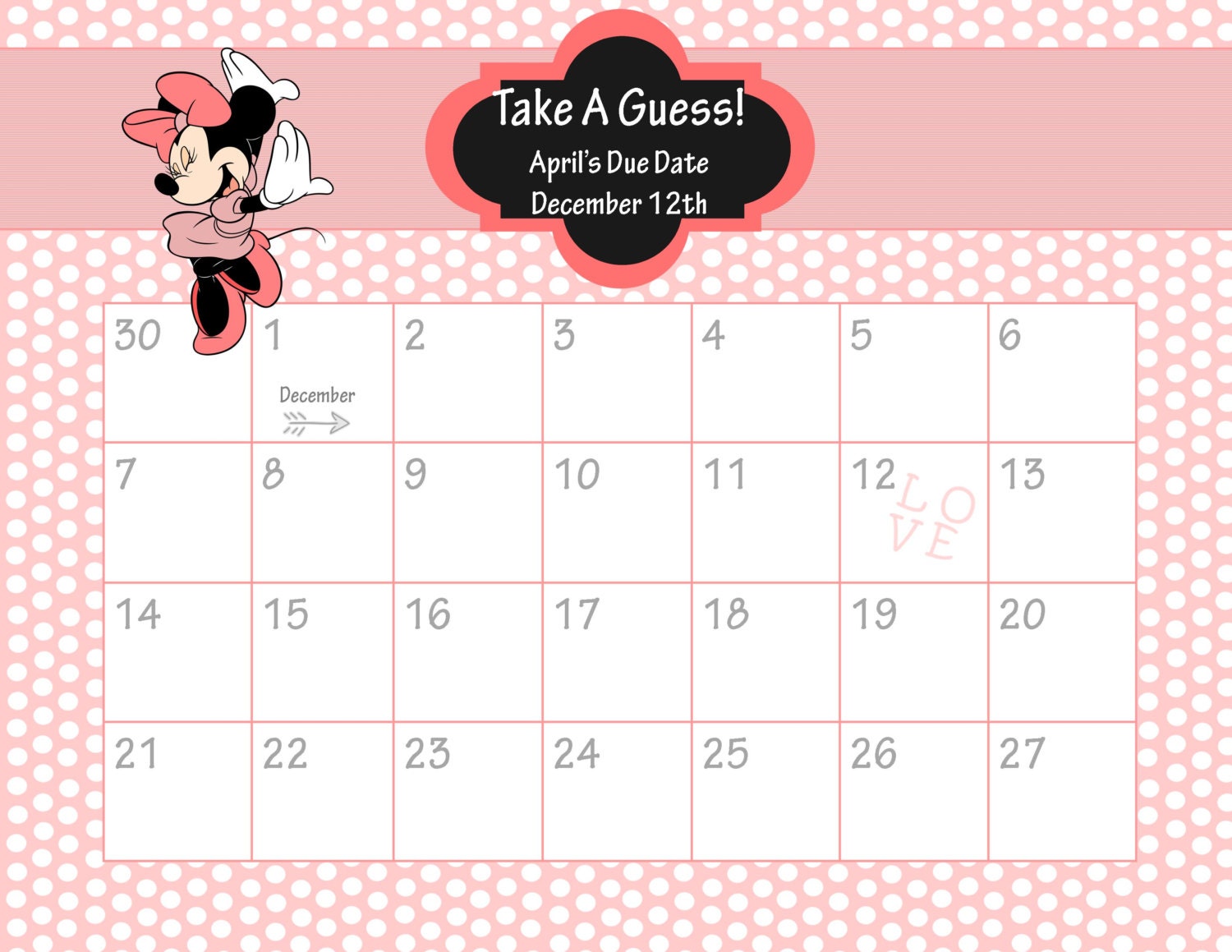 Minnie Mouse Due Date Calendar // Baby Shower Game // Guess