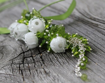 Lily of the valley lampwork Pendant, Lampwork beads Necklace, Handmade Glass beads lily of the Valley, Lampwork glass beads Flower Necklace