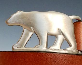 Polar Bear Belt, Handmade White Bronze Polar Bear Buckle, Chestnut Bridle Leather Belt, Carved Polar Bear Buckle with handmade leather belt.