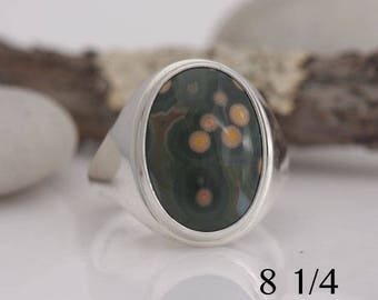 Ocean jasper and sterling silver ring, size 8 1/4, #634.