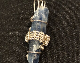 Sterling Silver Raw Blue Kyanite Wire Wrapped Pendant Blue Necklace