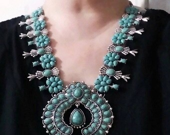 Squash blossom necklace. Navajo style necklace. Tribal necklace antique silver alloy and synthetic turquoise