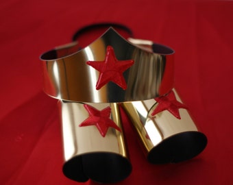 Child size Classic Wonder Woman Tiara and Cuff Bracers Accessory Set in Gold or Silver Kids Girls Costume Adjustable Custom Fit