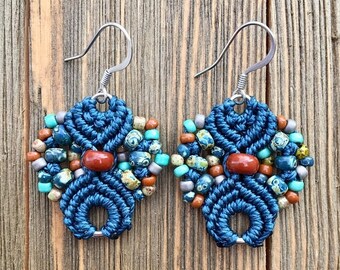 SALE Micro-Macrame Earrings - Dark Blue Mix