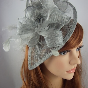 Silver Grey Teardrop Sinamay Fascinator with Feathers - Wedding Races Special Occasion Hat
