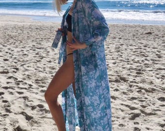 Kiyomi Green Flower Print Kimono Robe Dressing Gown, 100% Indian Cotton, Byron Bay