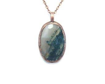 Moss Agate Necklace Jewelry | Raw Electroformed Copper | Pendant | Natural Crystal