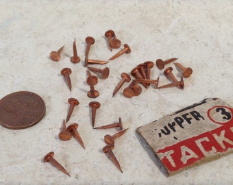30 Vintage Copper Tacks, 3/8" Long, Salvaged Hardware, Restoration Hardware, Woodworking Supply, Steampunk, Industrial, Assemblage