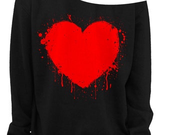 VALENTINE'S DAY SHIRT- Heart - Slouchy Sweatshirt - Grunge - Splatter Heart - Off the shoulder - Red Imprint - s-3x