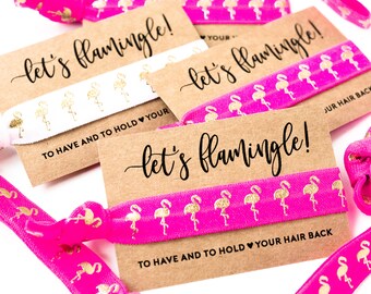 YOU DESIGN Let's Flamingle | Flamingo Bachelorette Party Favors, Hair Tie Favor, Hot Pink + Gold Flamingo Bachelorette Party Hair Tie Favors