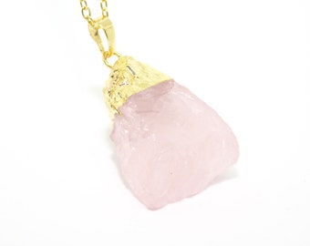Gold Dipped Rose Quartz Necklace, Mothers Day Gift, Raw Rose Quartz Necklace, Chunky Rose Quartz, Natural Stone Necklace