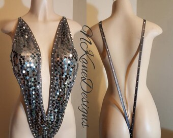 Exotic Dancewear, Silver Sequins, One Piece Slingshot Bodysuit. Stripper Outfits, Stripper Clothes, Stripper Wear, Ready To Ship