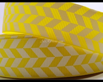 Yellow and White Geometric Pattern Herringbone Print Grosgrain Ribbon 1" Wide Scrapbooking HairBows Parties DIY Projects AZ148