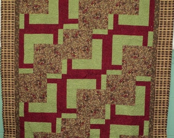 Green Throw Quilt, Quiltsy Handmade, Brown Green Maroon Quilt, Lap Quilt, Art Quilt, Handmade Quilt, Pieced Quilt, Contemporary Quilt