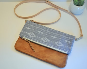Tribal on Blue Chabary and Cognac Brown Leather Crossbody Foldover Clutch, Fold Over Leather Purse Clutch, Foldover Clutch, Brown Leather