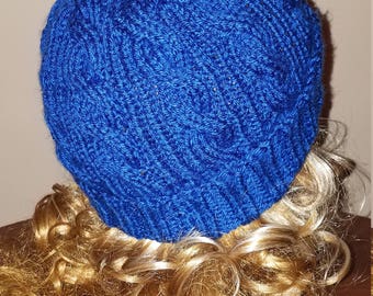 Royal Blue Color Cable Hand-Knit Hat. Super soft - Ready to be Shipped