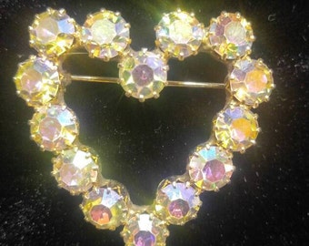 Large Aurora Borealis Rhinestone Heart Pin Brooch