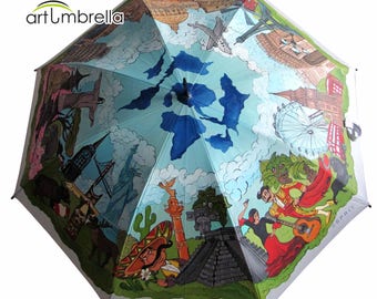 Umbrella with unique Painting • Travel the World • Journey around the World • Rain Umbrella • Esprit brand • Personalized • Hand Painted