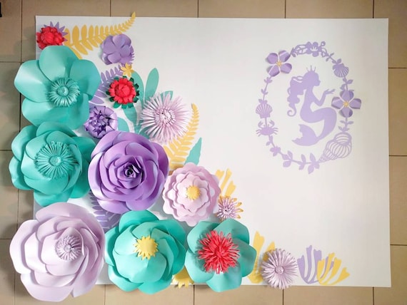 Large paper flowers Mermaid party decor set Aqua and purple