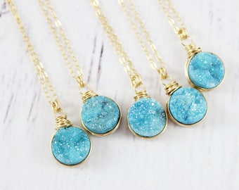 Sky Blue Druzy Necklace, Gold Fill Necklace, Druzy Gemstone Necklace, Wire Wrap Necklace, Light Blue Necklace, Small Pendant Necklace