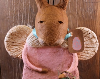 Primitive Easter Bunny Angel, OOAK, handmade paper mache, Primitive Easter Rabbit,Bunny Figurine