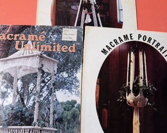 Three macrame instruction booklets - Macrame Portraits Glass Slipper, Macrame Portraits Class of 78 and Macrame Unlimited