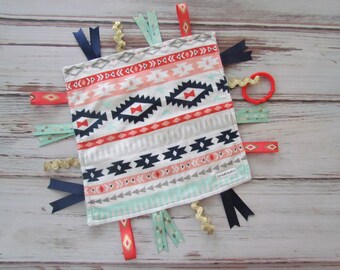 Coral Aztec Sensory Lovey, Aztec Taggy Blanket, Aztec Sensory Blanket, Aztec Sensory Baby Toy