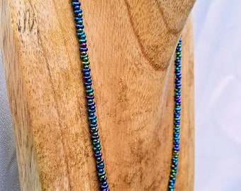 Blue beaded necklace, Iridescent seed bead necklace, Bridesmaid gift under 30, Fashion jewelry 11th anniversary gift for her, Gift for mom