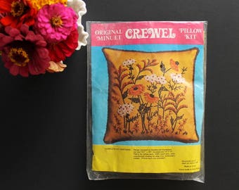 Vintage Original Minuet Crewel Pillow Kit Unopened NOS Floral and Foliage Autumn Fall 1970s Colors Brown Orange Yellow