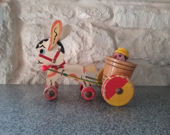 Ravissant Jouet Ancien à tirer peluche qui pédale !! Voir Video tissu vintage