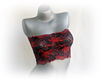 See Through Lingerie Black Lace Tube Top Floral Bandeau Top Red Flower camisole Cami cover, B4239
