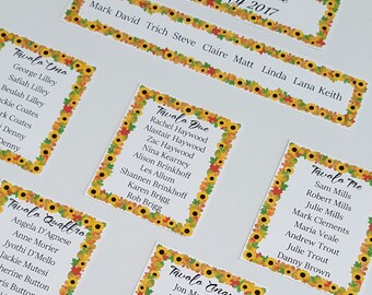 personalised wedding table plan, summer sunflowers