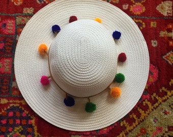 White Pom Pom Hat - Summer Hat - Sun Hat - Boho Hat - Straw Hat - Beach Hat - Bucket Hat - Medium Hat - Wide Brim Hat - Vacation Hat