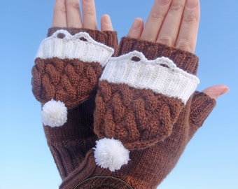 Convertible Mittens Gloves,Mittens-Gloves,Hand warmers,cap with pom pom,button cat,Merino wool
