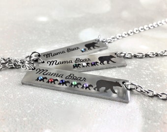 Mama Bear Gift For Mom Mothers Day Gift For Wife Silver Bar Necklace Custom Birthstone Jewelry Mamma Bear and Cubs Christmas Gift For Mom