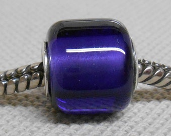 Handmade Lampwork Large Hole Bead Silver Cored Cylinder Bead Transparent Violet