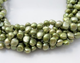 Green Pearls, Freshwater Pearls, Nugget Pearls, Real Pearls, Leaf Green Pearls, Center Drilled Pearls, Genuine Pearls, 6mm-6.5mm Full Strand