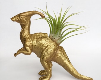 Gold Parasaurolophus Dinosaur Planter with Air Plant // Coworker Gift // For Her // For Him